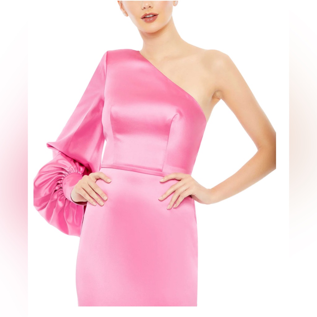 Ieena For Mac Duggal One-Shoulder Bishop-Sleeve Pink Trumpet Gown Size 4 — image 4 of 8